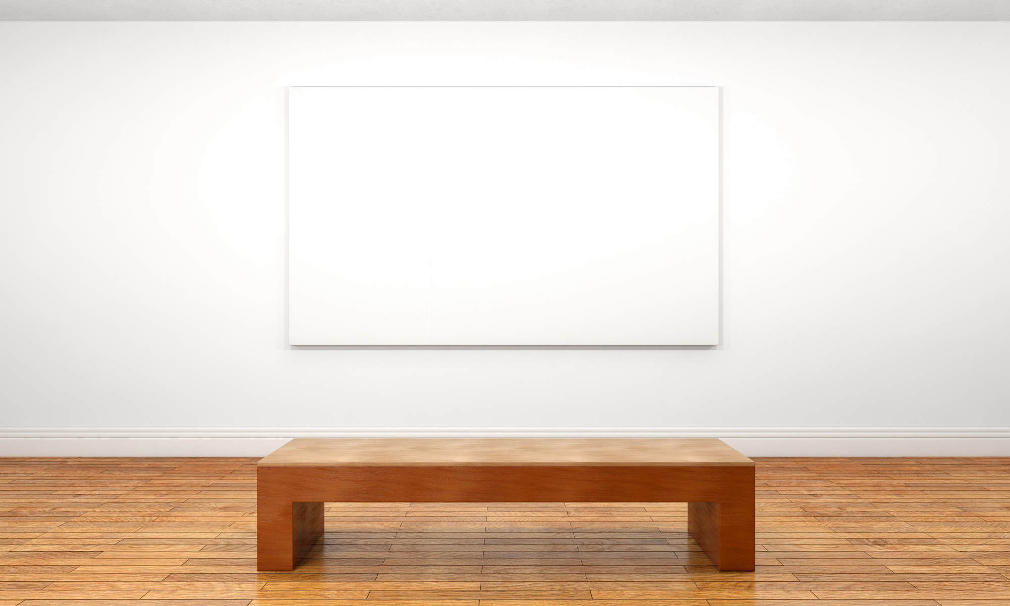 Empty white canvas on museum wall with bench